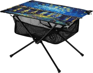 Portable Camping Table Foldable with Mesh Storage Lightweight Compact Camp Tent Side Table for Outside,Camping,Hiking,Tailgating,Van Gogh's Starry Sky
