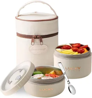 Portable Insulated Lunch Container set, Bento Box Adult Lunch Box Set with Insulated Lunch Bag, 2 Separate Stackable Thermal Food Lunch Container for Adult, Beige