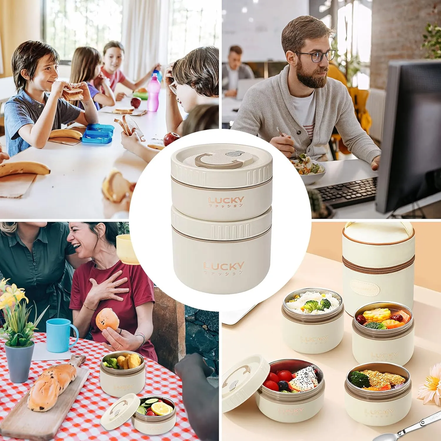 Portable Insulated Lunch Container set, Bento Box Adult Lunch Box Set with Insulated Lunch Bag, 2 Separate Stackable Thermal Food Lunch Container for Adult, Beige