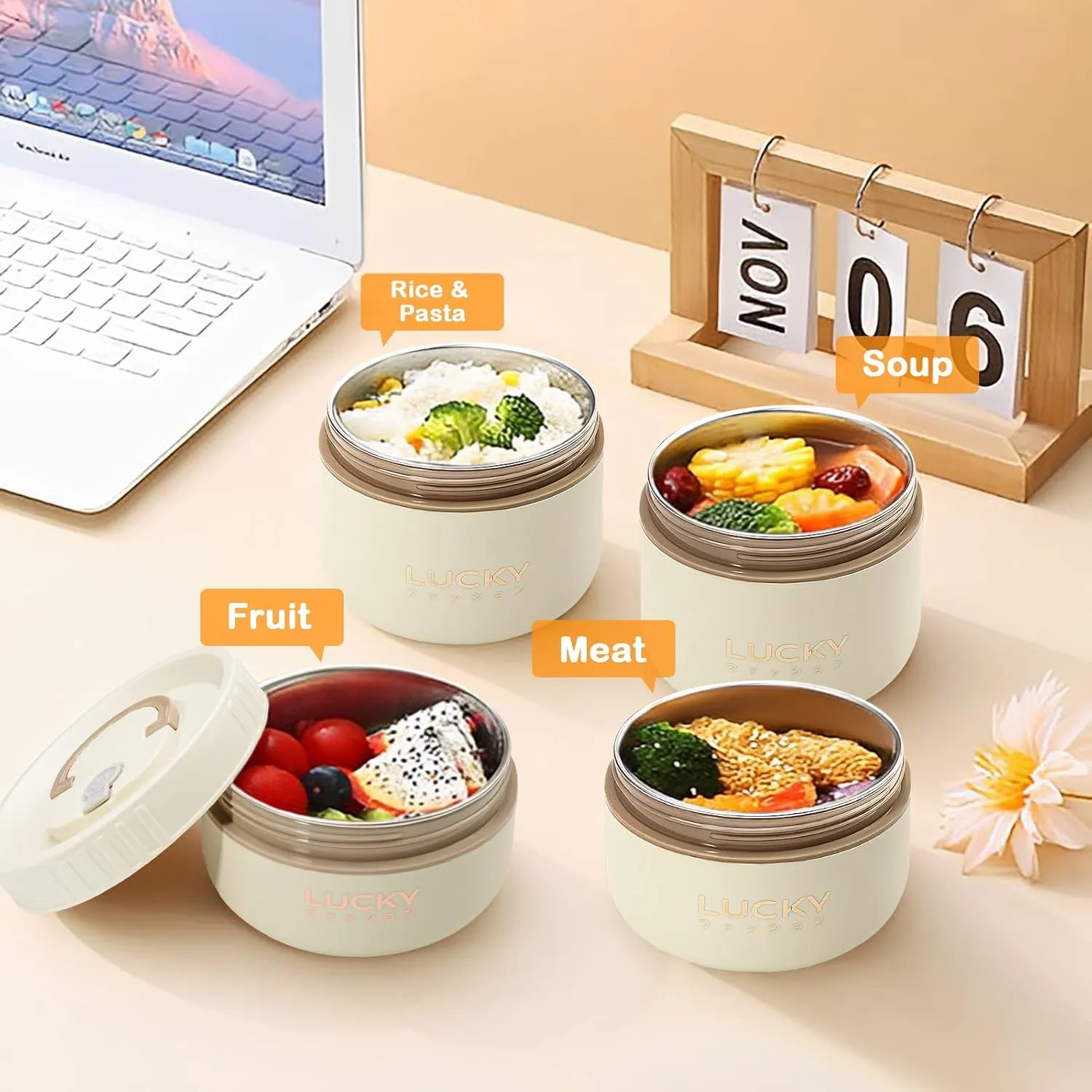 Portable Insulated Lunch Container set, Bento Box Adult Lunch Box Set with Insulated Lunch Bag, 2 Separate Stackable Thermal Food Lunch Container for Adult, Beige