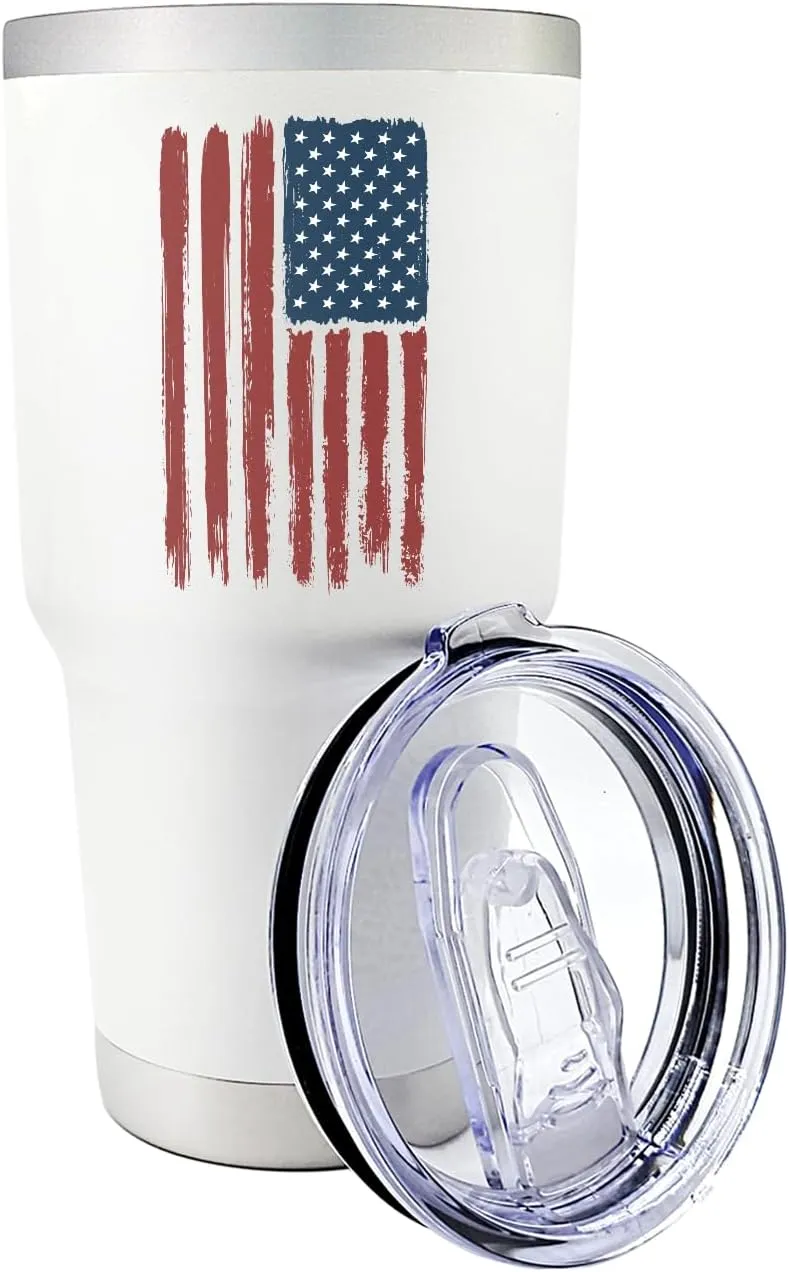 Premium 30 oz Distressed USA Flag White Tumbler with Slider Lid – Insulated Stainless Steel Travel Mug – Patriotic American Flag Coffee Tumbler for Men – Excellent Gift for Veterans, History Buffs