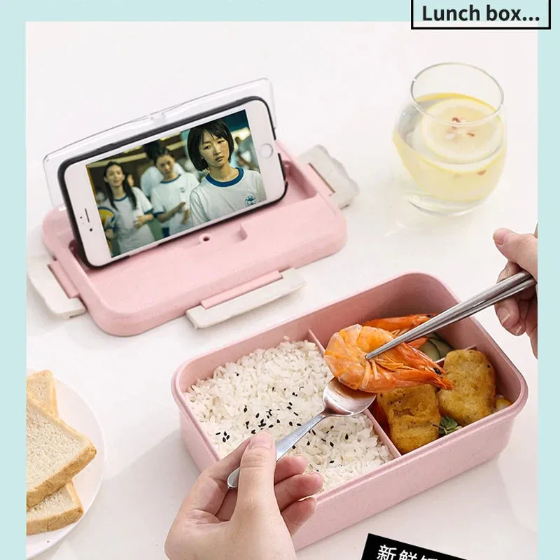 Premium Microwave Lunch Box – Wheat Straw Bento Box for Kids & Adults, Food Storage Container with Spoon & Chopsticks, Eco-Friendly, Leak-Proof, Available in Green, Pink, Blue