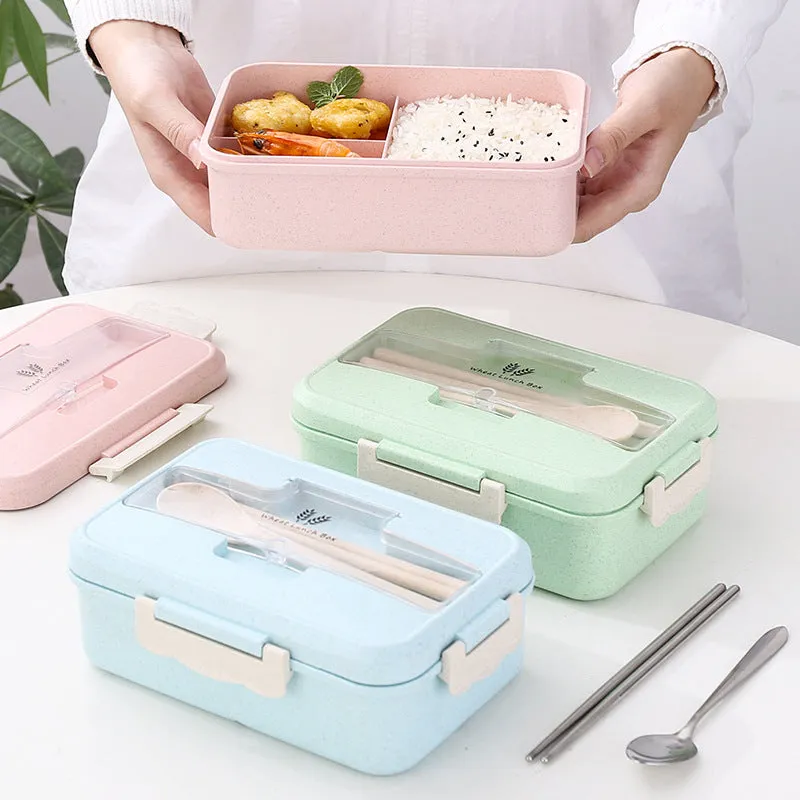 Premium Microwave Lunch Box – Wheat Straw Bento Box for Kids & Adults, Food Storage Container with Spoon & Chopsticks, Eco-Friendly, Leak-Proof, Available in Green, Pink, Blue