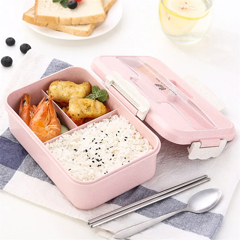 Premium Microwave Lunch Box – Wheat Straw Bento Box for Kids & Adults, Food Storage Container with Spoon & Chopsticks, Eco-Friendly, Leak-Proof, Available in Green, Pink, Blue
