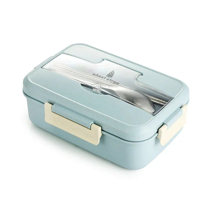Premium Microwave Lunch Box – Wheat Straw Bento Box for Kids & Adults, Food Storage Container with Spoon & Chopsticks, Eco-Friendly, Leak-Proof, Available in Green, Pink, Blue