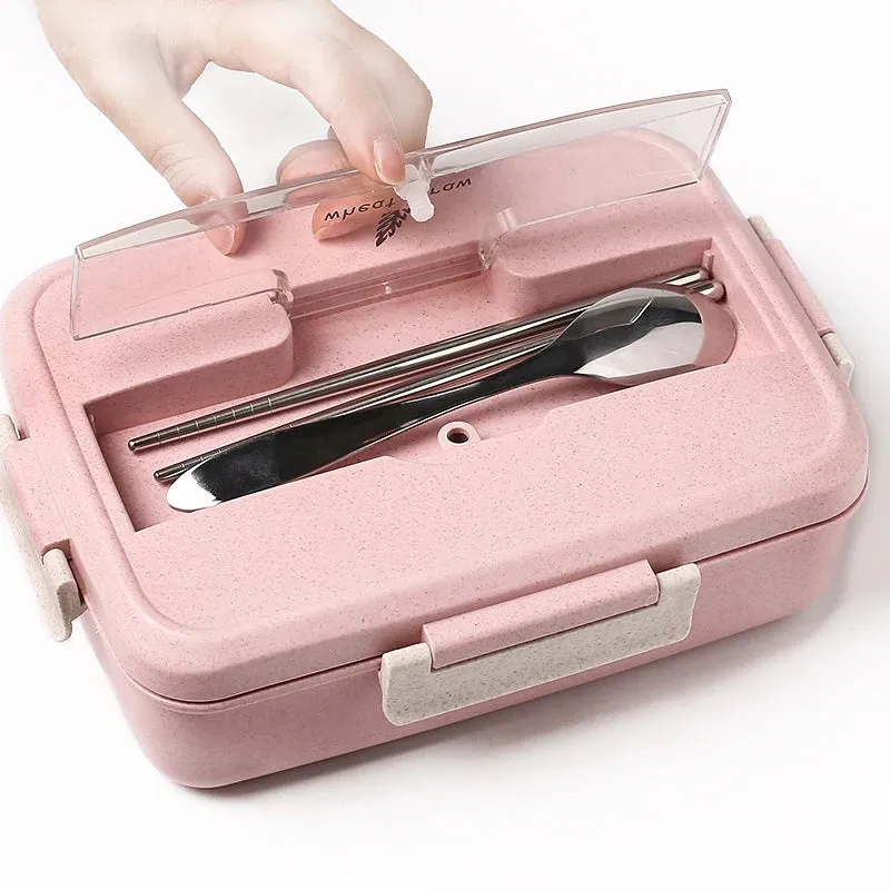 Premium Microwave Lunch Box – Wheat Straw Bento Box for Kids & Adults, Food Storage Container with Spoon & Chopsticks, Eco-Friendly, Leak-Proof, Available in Green, Pink, Blue