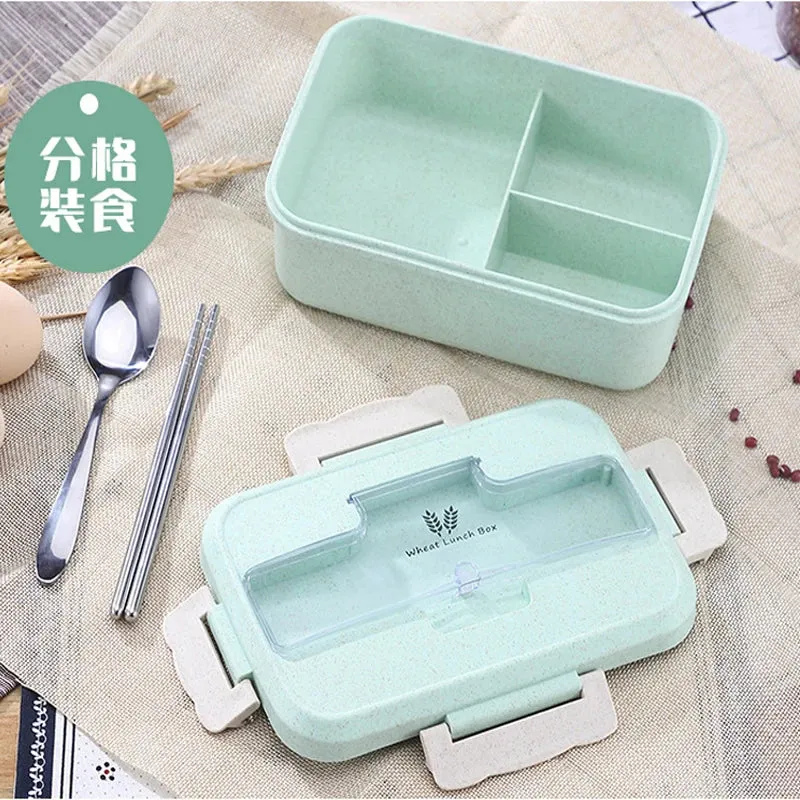 Premium Microwave Lunch Box – Wheat Straw Bento Box for Kids & Adults, Food Storage Container with Spoon & Chopsticks, Eco-Friendly, Leak-Proof, Available in Green, Pink, Blue