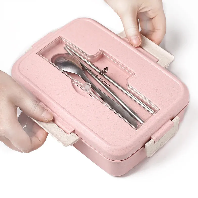 Premium Microwave Lunch Box – Wheat Straw Bento Box for Kids & Adults, Food Storage Container with Spoon & Chopsticks, Eco-Friendly, Leak-Proof, Available in Green, Pink, Blue