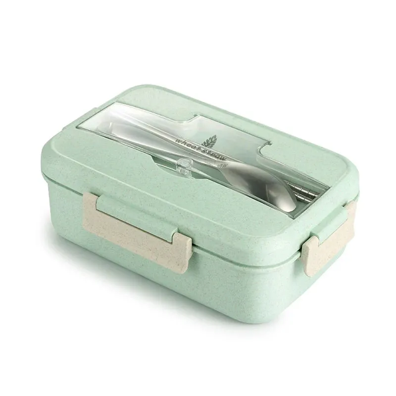 Premium Microwave Lunch Box – Wheat Straw Bento Box for Kids & Adults, Food Storage Container with Spoon & Chopsticks, Eco-Friendly, Leak-Proof, Available in Green, Pink, Blue