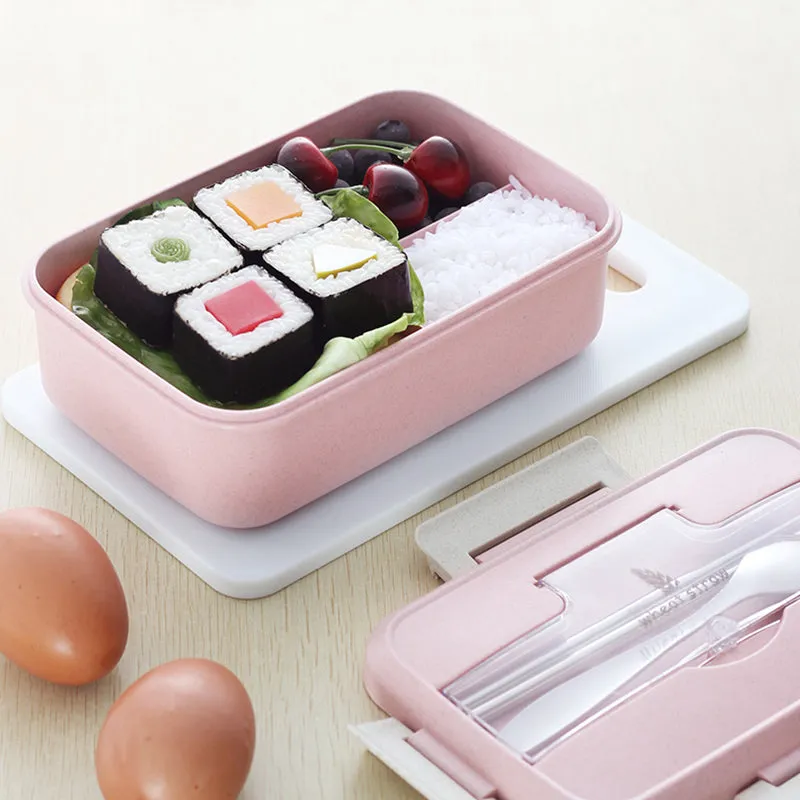 Premium Microwave Lunch Box – Wheat Straw Bento Box for Kids & Adults, Food Storage Container with Spoon & Chopsticks, Eco-Friendly, Leak-Proof, Available in Green, Pink, Blue