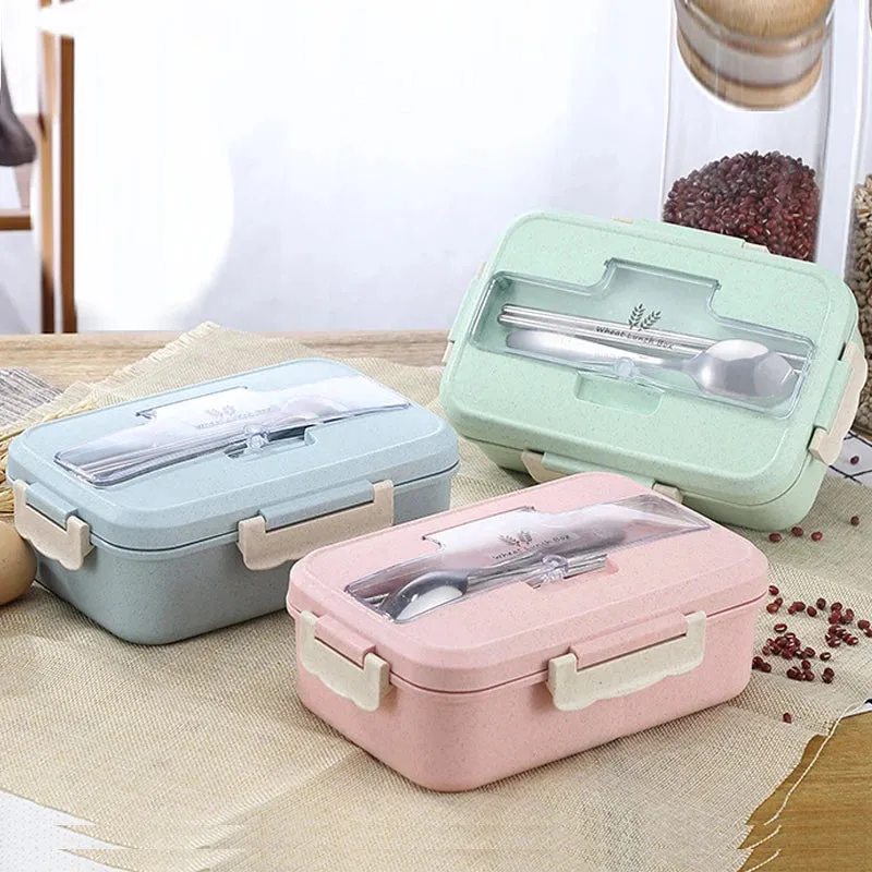Premium Microwave Lunch Box – Wheat Straw Bento Box for Kids & Adults, Food Storage Container with Spoon & Chopsticks, Eco-Friendly, Leak-Proof, Available in Green, Pink, Blue