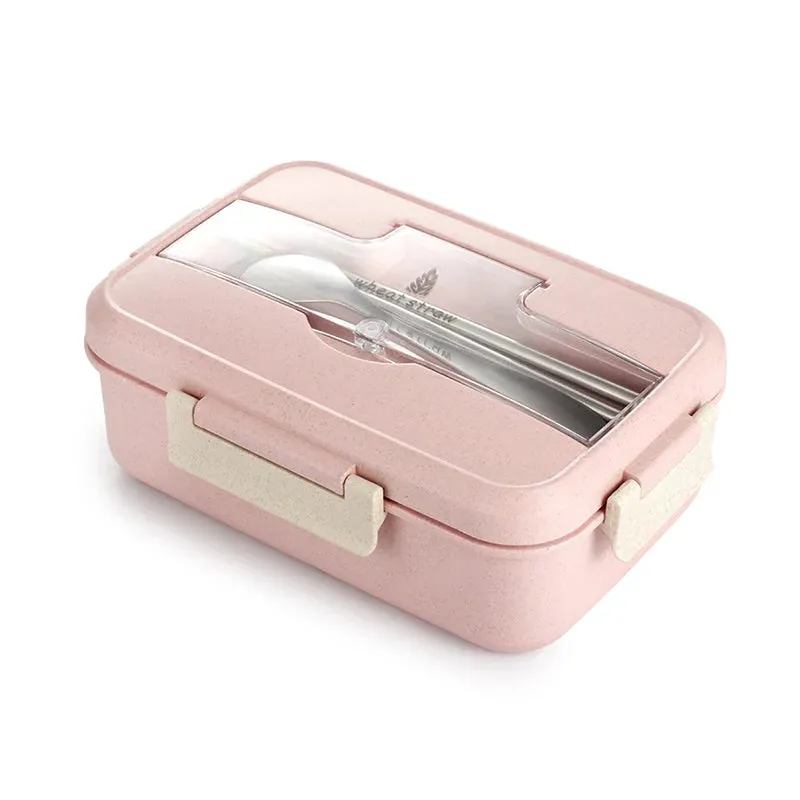 Premium Microwave Lunch Box – Wheat Straw Bento Box for Kids & Adults, Food Storage Container with Spoon & Chopsticks, Eco-Friendly, Leak-Proof, Available in Green, Pink, Blue
