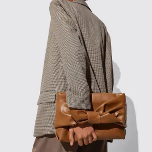 PU Leather Bow Clutch Handbag Brown Purse for Women Zipper Soft Underarm Bag Wristlet Purse Large Capacity Lightweight