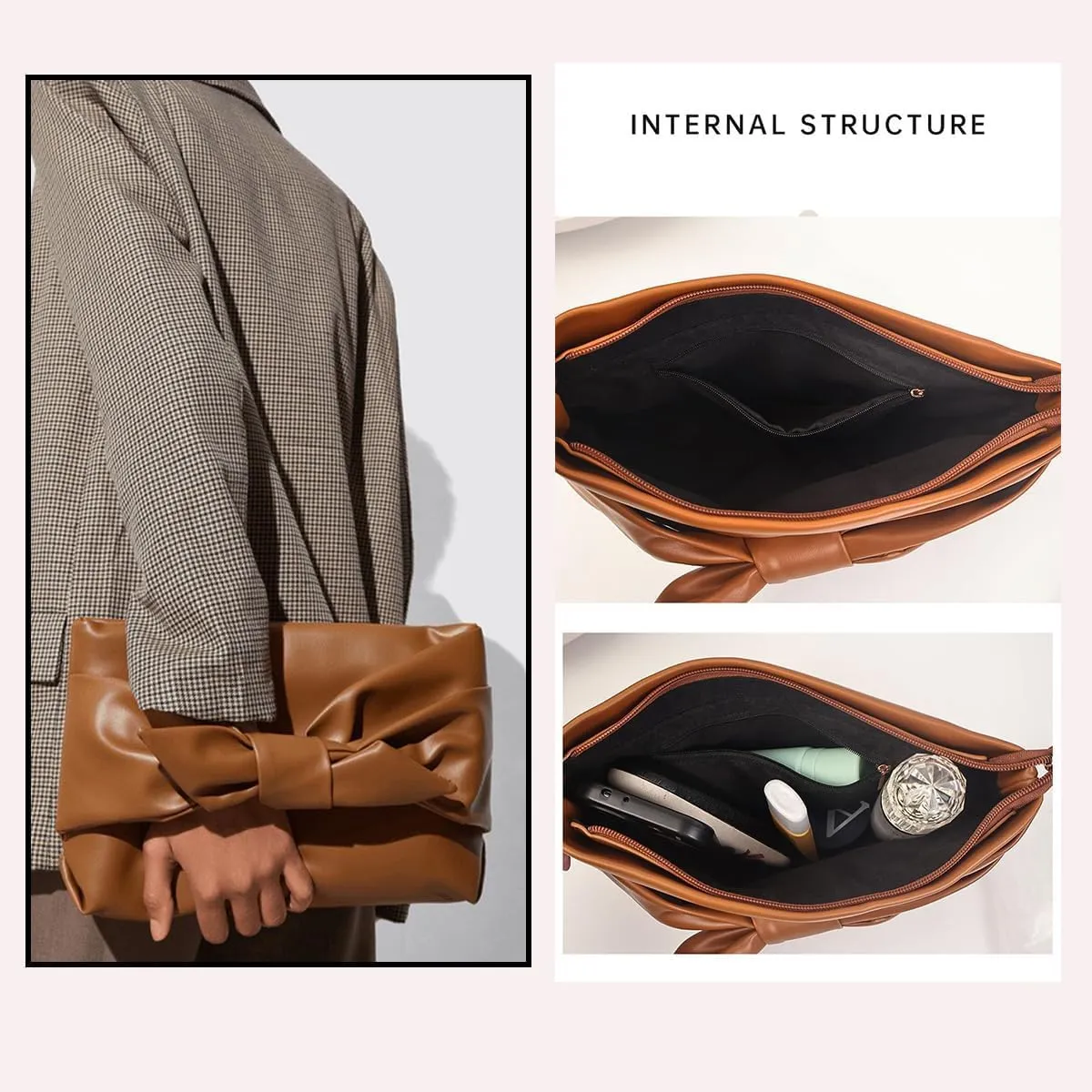 PU Leather Bow Clutch Handbag Brown Purse for Women Zipper Soft Underarm Bag Wristlet Purse Large Capacity Lightweight