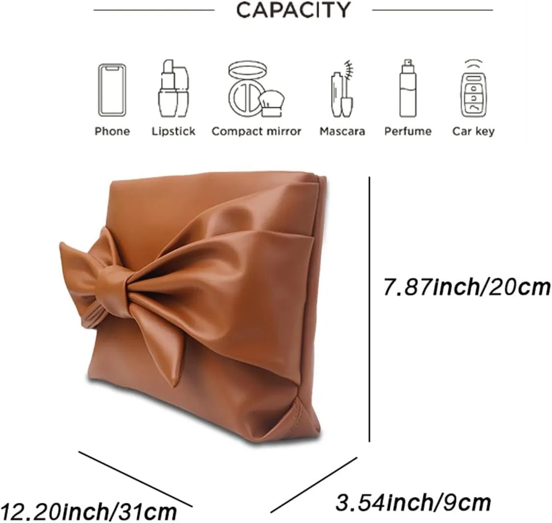 PU Leather Bow Clutch Handbag Brown Purse for Women Zipper Soft Underarm Bag Wristlet Purse Large Capacity Lightweight
