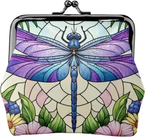 Pu Leather Buckle Coin Purse Dragonfly-Against-Sky-Floral Girls Kiss-Lock Change Purse Wallets