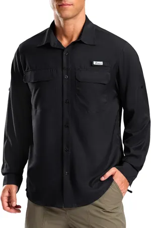 Pudolla Men's Sun Protection Fishing Shirt Lightweight Long Sleeve UPF 50  Hiking Shirt for Men Outdoor Travel with Pockets