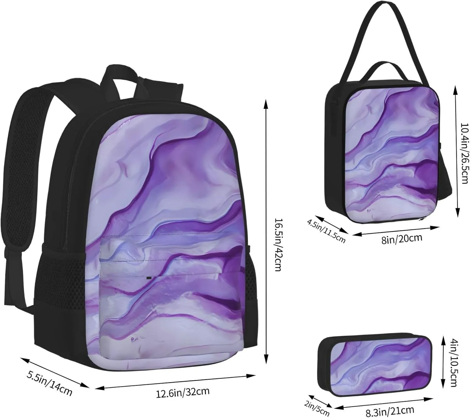 Purple Amethyst Multifunctional Pocket Backpack Crossbody Lunch Bag Pencil Case 3Pcs Set Large Capacity Backpack