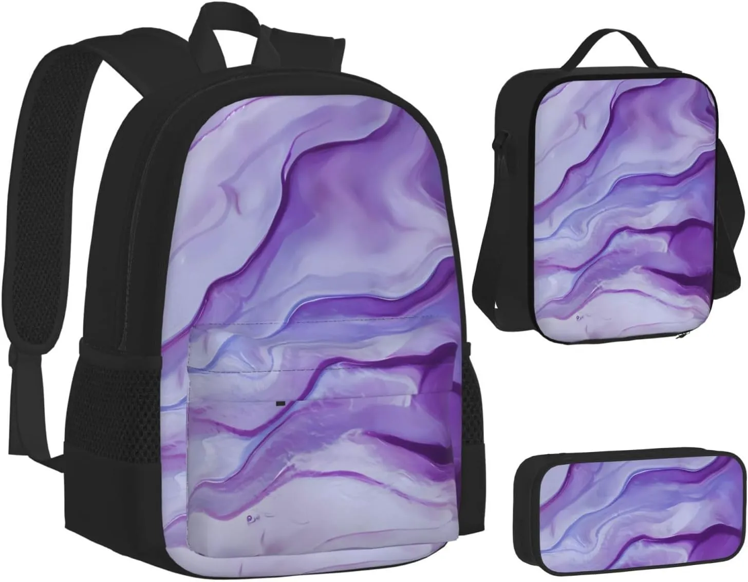 Purple Amethyst Multifunctional Pocket Backpack Crossbody Lunch Bag Pencil Case 3Pcs Set Large Capacity Backpack