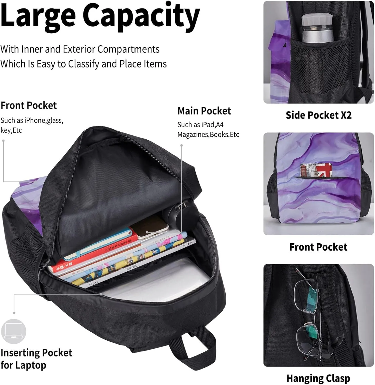 Purple Amethyst Multifunctional Pocket Backpack Crossbody Lunch Bag Pencil Case 3Pcs Set Large Capacity Backpack