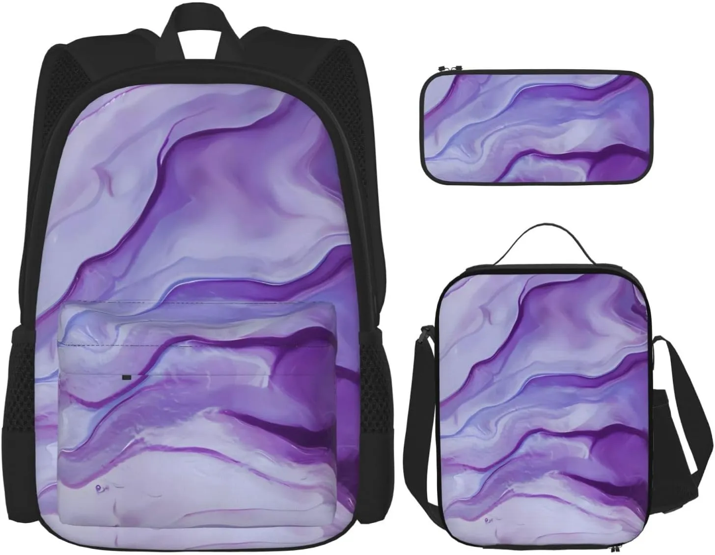 Purple Amethyst Multifunctional Pocket Backpack Crossbody Lunch Bag Pencil Case 3Pcs Set Large Capacity Backpack