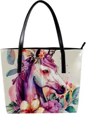 Purses for Women,Tote Bag Aesthetic,Women's Tote Handbags,Colored Flower Bush Unicorn