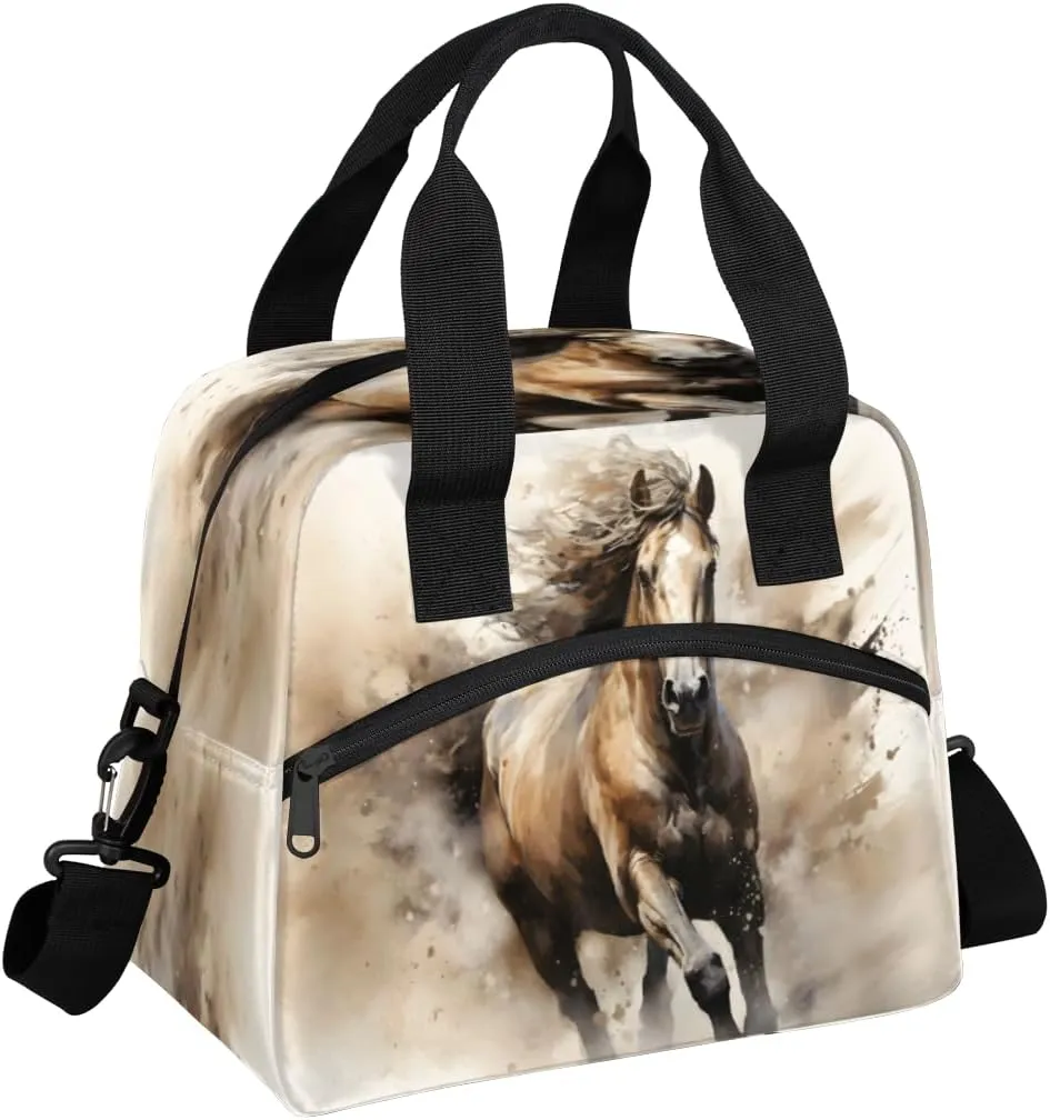 QsirBC Insulated Lunch Bag for Men Women, Dynamic Equine Motion Reusable Lunch Tote with Shoulder Strap, Portable Waterproof Lunch Box Meal Bag for Work, Picnic