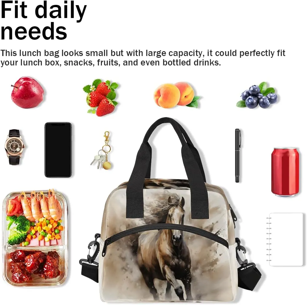 QsirBC Insulated Lunch Bag for Men Women, Dynamic Equine Motion Reusable Lunch Tote with Shoulder Strap, Portable Waterproof Lunch Box Meal Bag for Work, Picnic