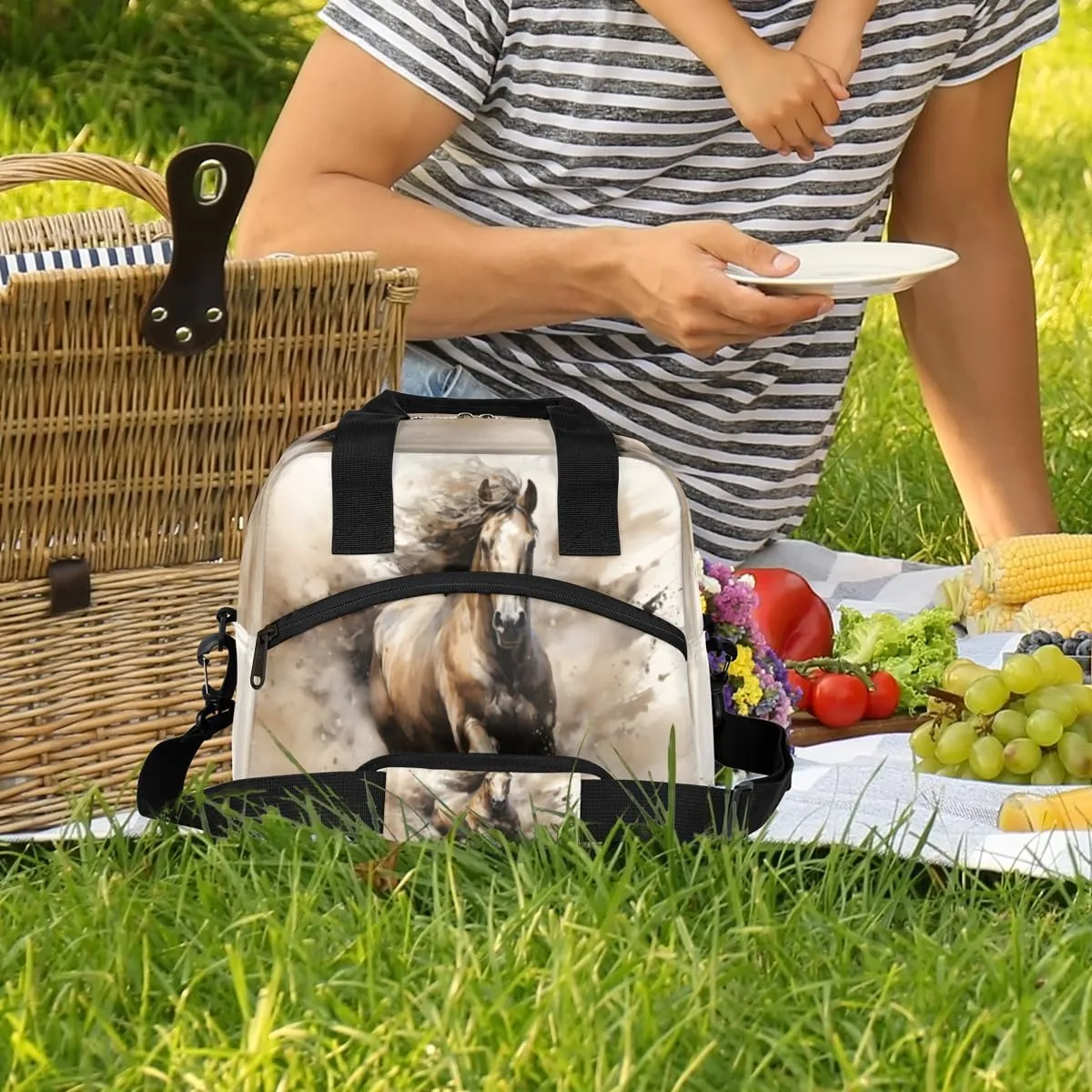 QsirBC Insulated Lunch Bag for Men Women, Dynamic Equine Motion Reusable Lunch Tote with Shoulder Strap, Portable Waterproof Lunch Box Meal Bag for Work, Picnic