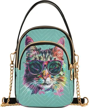 Quilted Crossbody Bags for Women,Illustration Of The Multi-colored Cat’s Face Wearing Sunglasses Against A Solid Aqua Background Women's Crossbody Handbags Small Travel Purses Phone Bag