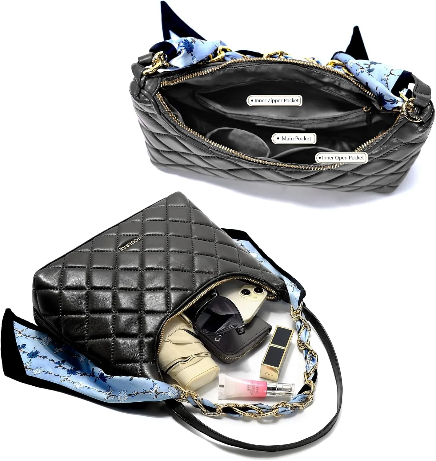 Quilted Shoulder Bag for Women Faux Leather Cute Hobo Handbags with Zipper Mini Clutch Purse Trendy Y2K