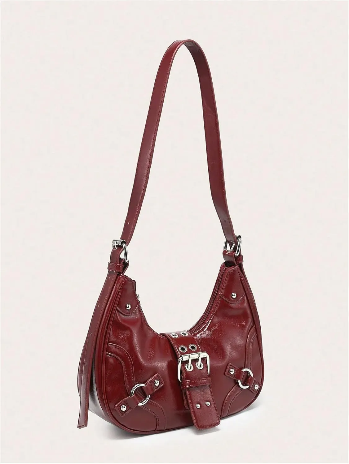 QWINEE Women's Vintage Buckle Shoulder Bag Y2K Punk PU Leather Handbag Clutch Purse