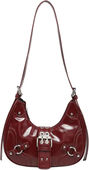 QWINEE Women's Vintage Buckle Shoulder Bag Y2K Punk PU Leather Handbag Clutch Purse