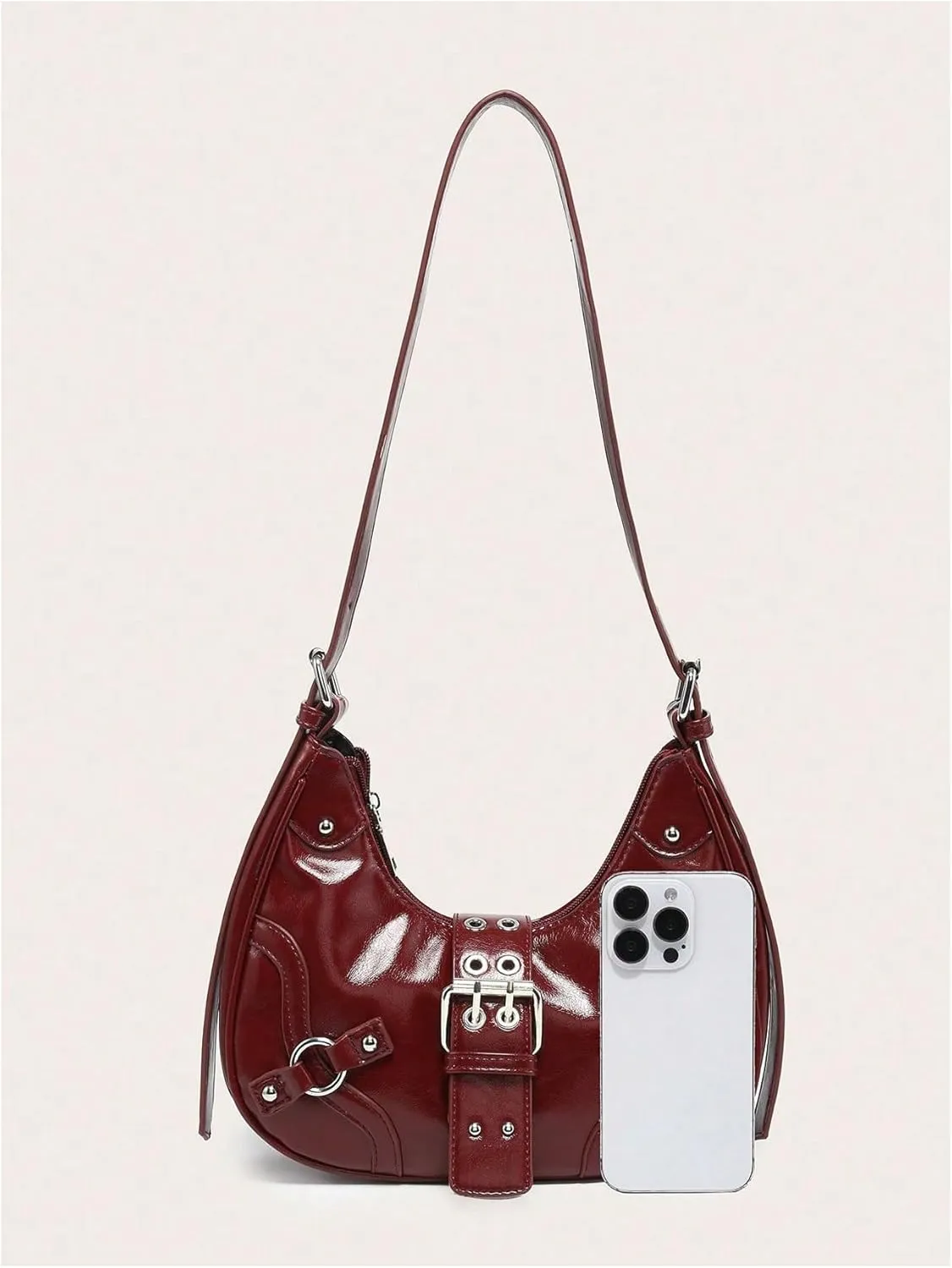 QWINEE Women's Vintage Buckle Shoulder Bag Y2K Punk PU Leather Handbag Clutch Purse