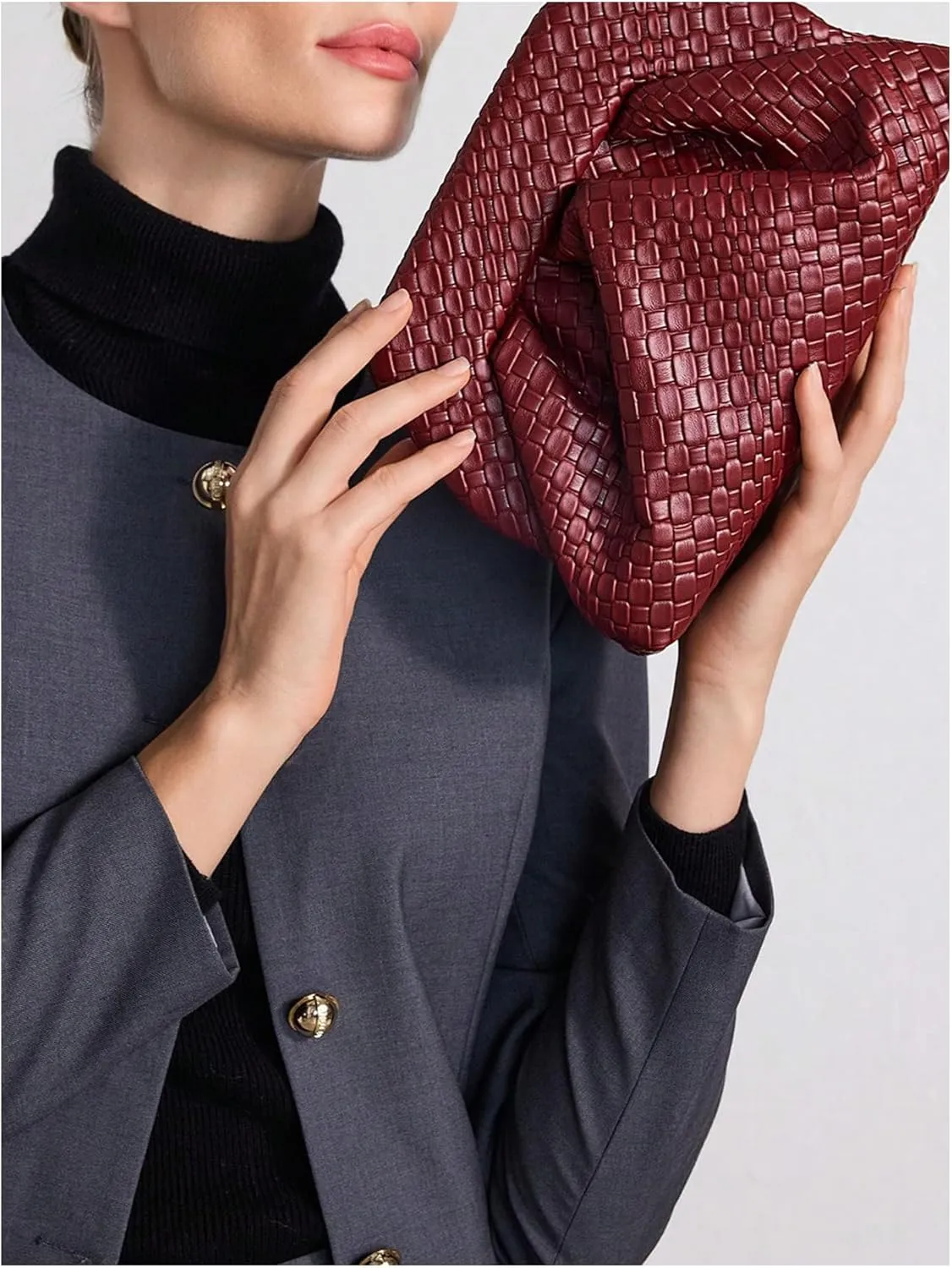 QWINEE Women's Woven Clutch Purse Elegant Evening Bag Dumpling Bag Ruched Faux PU Leather Handbag