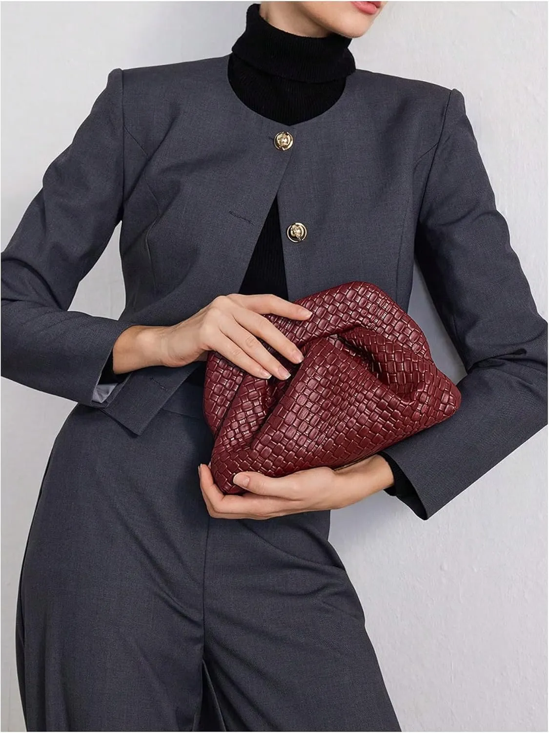 QWINEE Women's Woven Clutch Purse Elegant Evening Bag Dumpling Bag Ruched Faux PU Leather Handbag