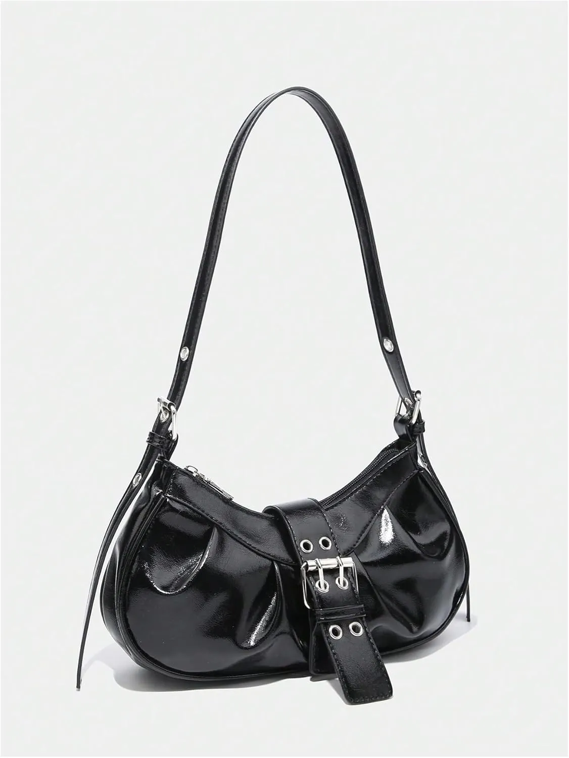 QWINEE Women's Y2K Metal Buckle Shoulder Handbag Magnet Zipper PU Leather Punk Underarm Purses