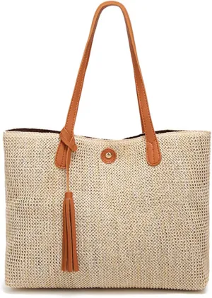QZUnique Women's Summer Beach Straw Bucket Tote Bag With Tassel Shoulder Bag Purse