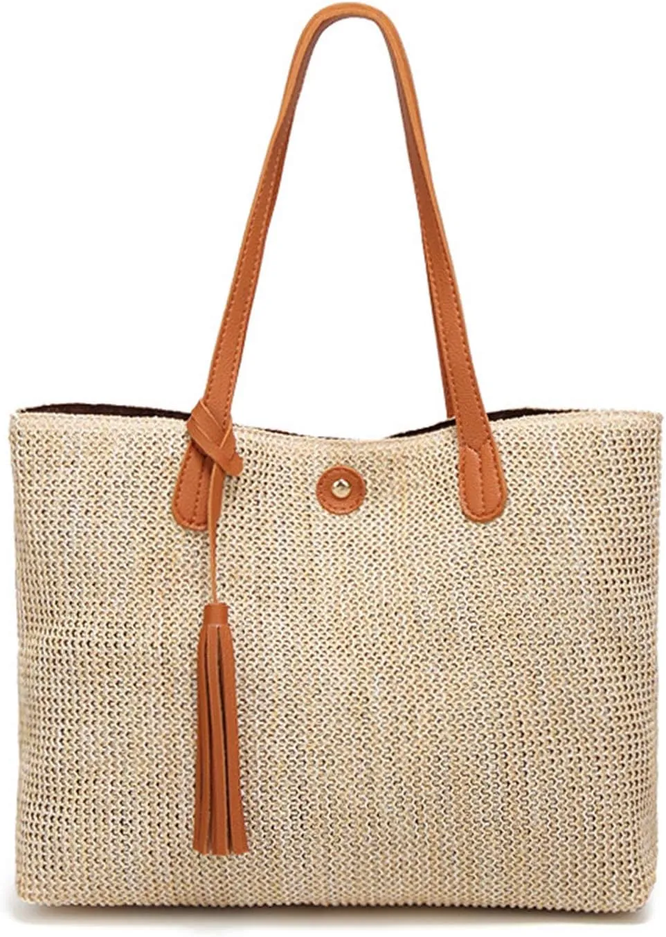 QZUnique Women's Summer Beach Straw Bucket Tote Bag With Tassel Shoulder Bag Purse