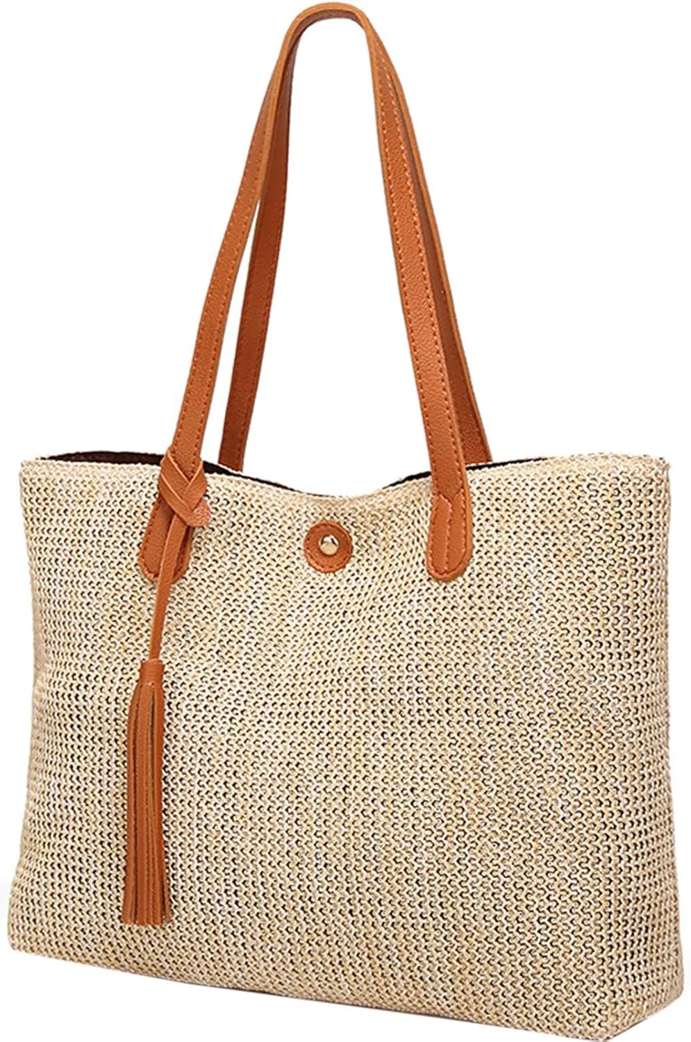 QZUnique Women's Summer Beach Straw Bucket Tote Bag With Tassel Shoulder Bag Purse