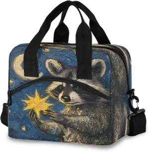 Raccoon and Glowing Star Lunch Box for Men Women Adults Insulated Lunch Bag Cooler Bag with Adjustable Shoulder Strap for Work Picnic Travel