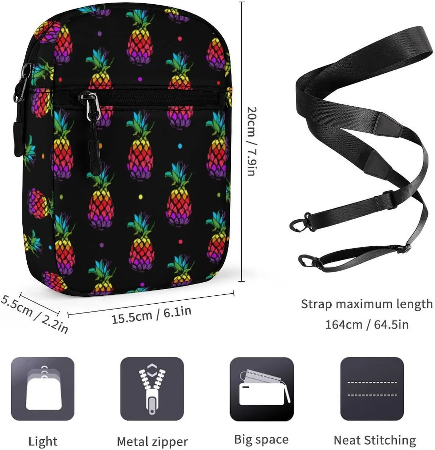 Rainbow Colored Pineapples Crossbody Bag Small Shoulder Bag Waterproof, Lightweight And Convenient