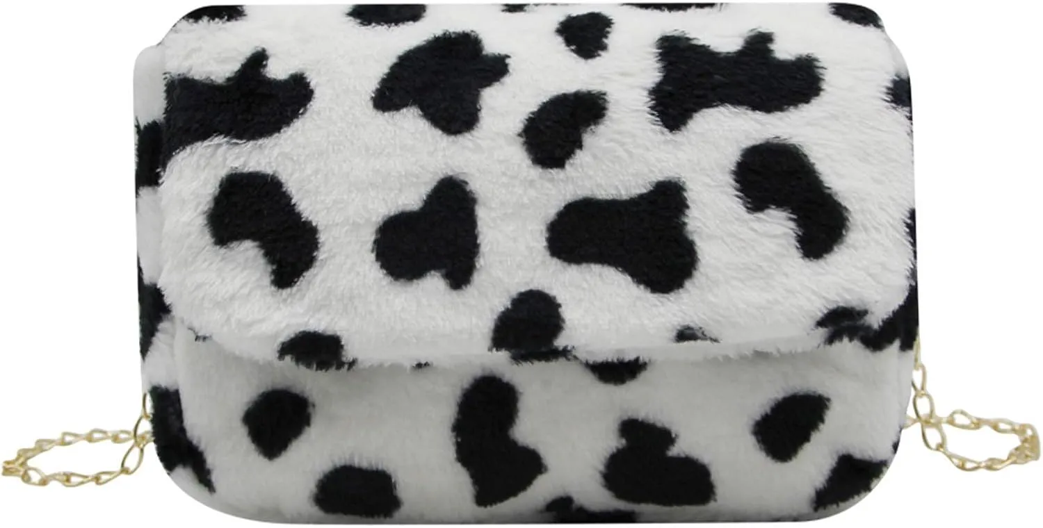 RARITYUS Women Fashion Leopard Print Shoulder Bag Fluffy Plush Handbag Cow Print Crossbody Purse Faux Fur with Chain Strap