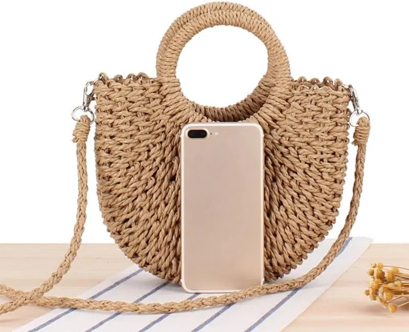 Rattan Crossbody Bags for Women Handmade Woven Purse Travel Sling Bag Crossbody Shoulder Handbag Beach Top-Handle Bag