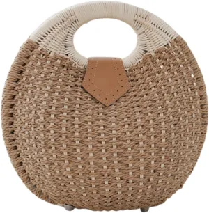 Rattan Handbags for women, Handwoven Straw Bag, Summer Beach Rattan Tote Bag, Round Handle Ring Purses, Retro Woven Shell Bag