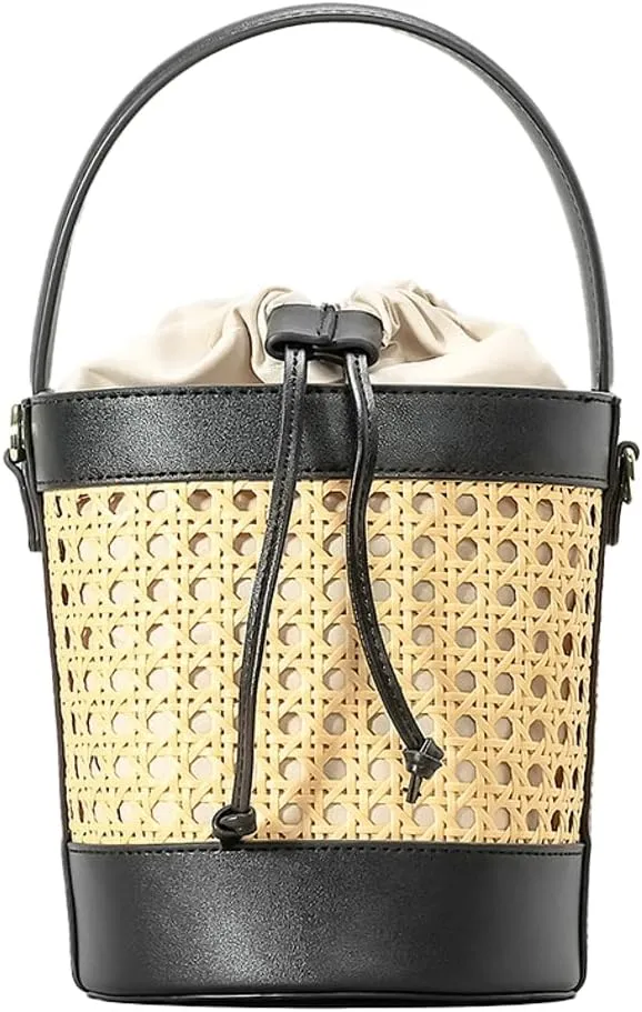 Rattan Straw Tote Bucket Bag for Women - PU Leather Summer Beach Holiday Purse