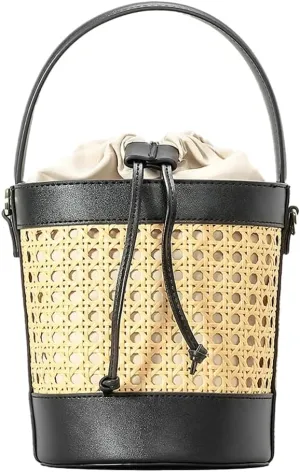 Rattan Straw Tote Bucket Bag for Women - PU Leather Summer Beach Holiday Purse