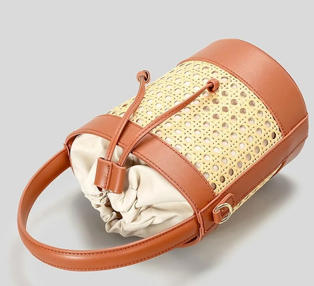 Rattan Straw Tote Bucket Bag for Women - PU Leather Summer Beach Holiday Purse