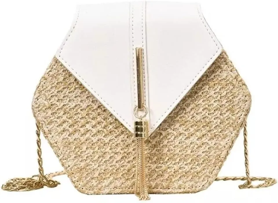 Rattan Women Shoulder Bags Chic Hexagon Wicker Woven Crossbody Bag Lady Beach Bags Handmade Small Purses