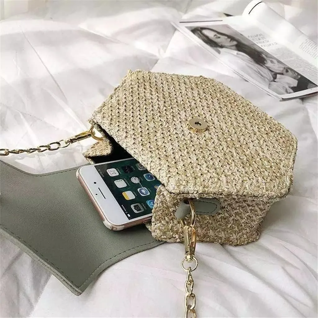 Rattan Women Shoulder Bags Chic Hexagon Wicker Woven Crossbody Bag Lady Beach Bags Handmade Small Purses